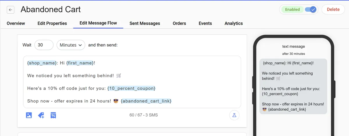 Abandoned Cart automation setup interface in Blaze SMS, showing the "Edit Message Flow" tab. The message template includes variables like {shop_name} and {first_name}. A preview on the right displays the message sent 30 minutes after cart abandonment, offering a 10% off coupon. The automation is enabled.