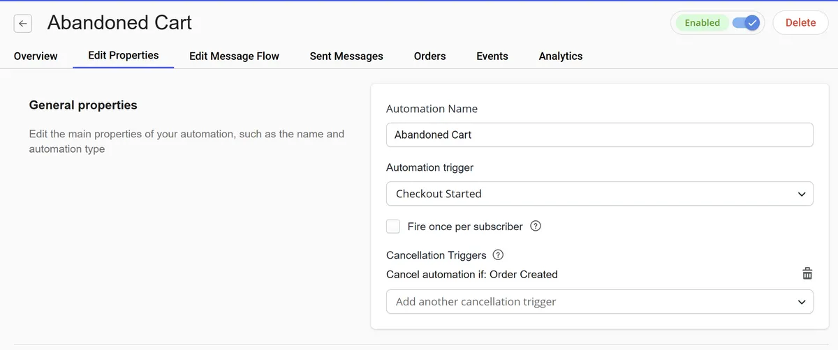 Edit Properties tab for Abandoned Cart automation. Fields include Automation Name, Automation Trigger set to "Checkout Started," and Cancellation Triggers with "Order Created" selected.