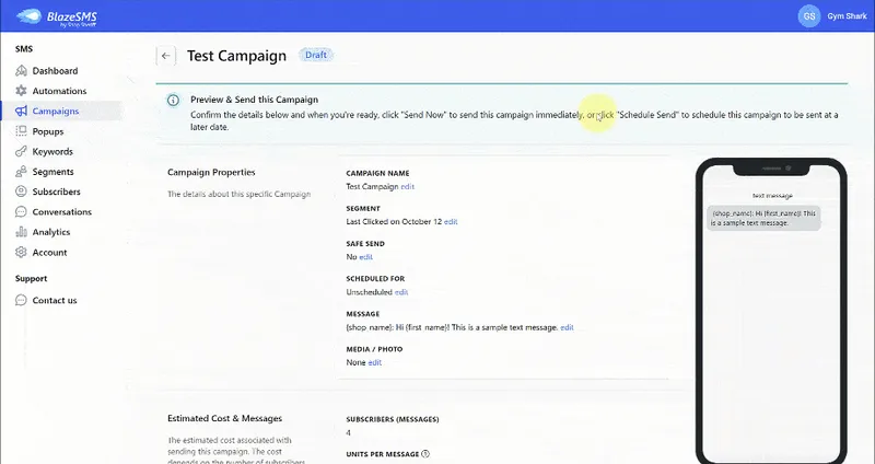 Campaign page showing "Preview & Send this Campaign" section with "Send Now" and "Schedule Send" options. Date picker displays "Select a Date".