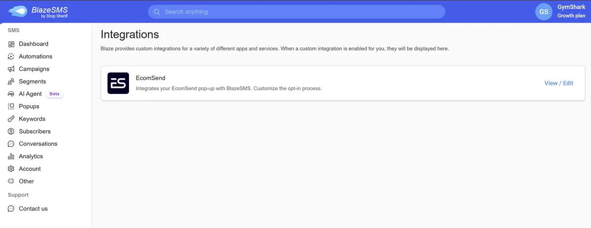 Integrations page in Blaze SMS platform showing activated integration with "EcomSend". Includes options to view or edit the integration details.