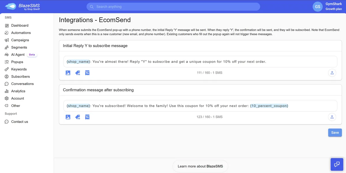 Integrations page for EcomSend in Blaze SMS, showing sections for "Initial Reply 'Y' to subscribe message" and "Confirmation message after subscribing," with editable text fields containing sample messages and character limits.