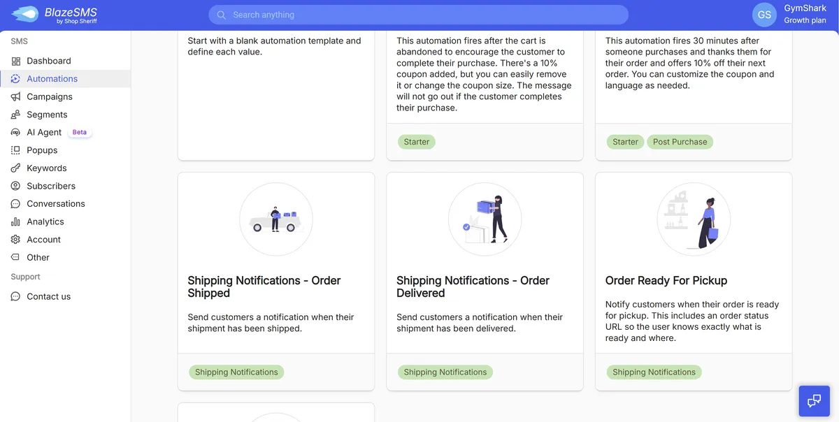 BlazeSMS Automations page displaying automation options like "Order Shipped," "Order Delivered," and "Order Ready for Pickup," with buttons to send shipping notifications.