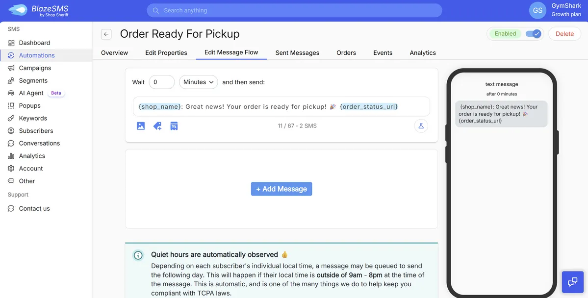 Order Ready for Pickup page showing an SMS automation editor. Message template includes merge tags for shop name and order status URL. A preview displays the message on a mobile screen.