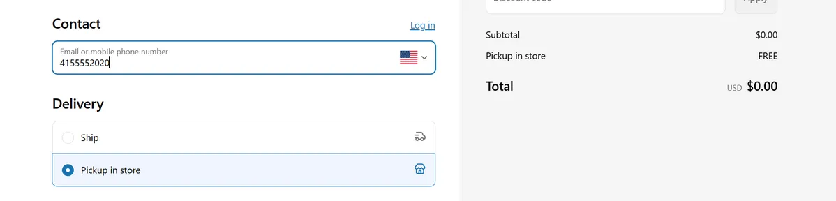 Order checkout page showing contact field with phone number entered, "Pickup in store" selected under Delivery options, and order total at $0.00.