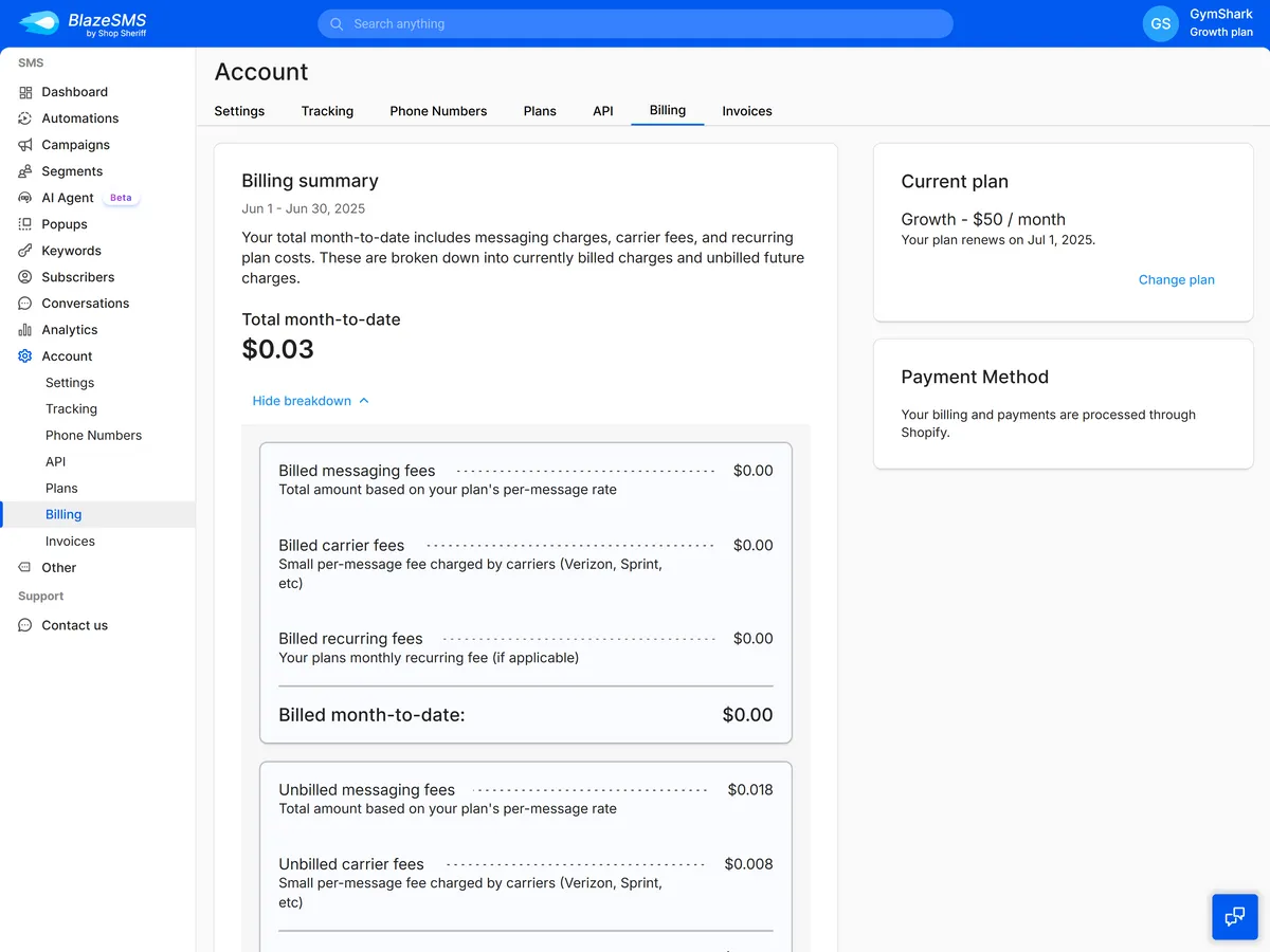 Account billing page displaying a billing summary for Jan 1–30, 2023, total month-to-date of $0.03. Sections include billed messaging fees, carrier fees, and recurring fees, each showing $0.00. Unbilled fees list messaging and carrier fees. Plan information shows $50/month with a change plan option. Payment method section is included.