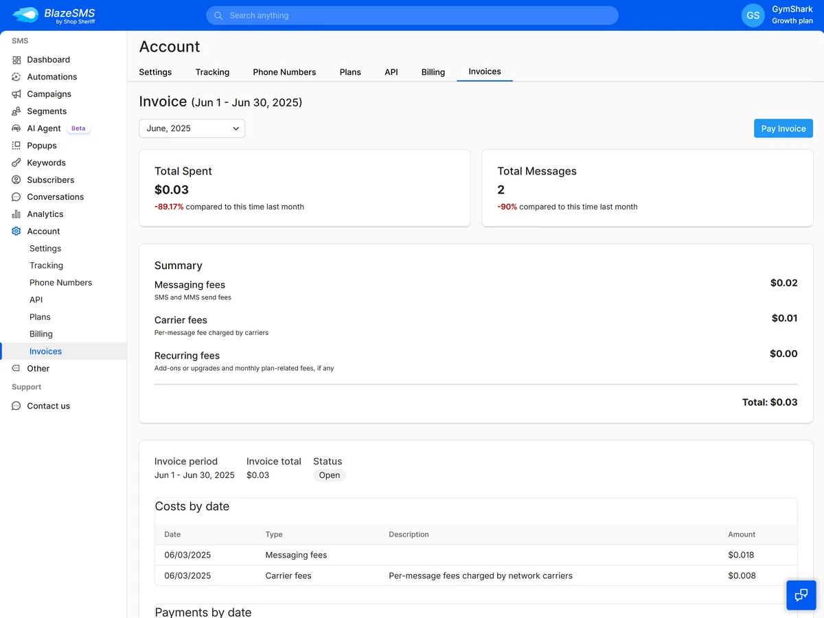Invoices tab displaying a June 2025 invoice. Sections include Total Spent, Total Messages, Summary, Invoice Period, Costs by Date, and Payments by Date.