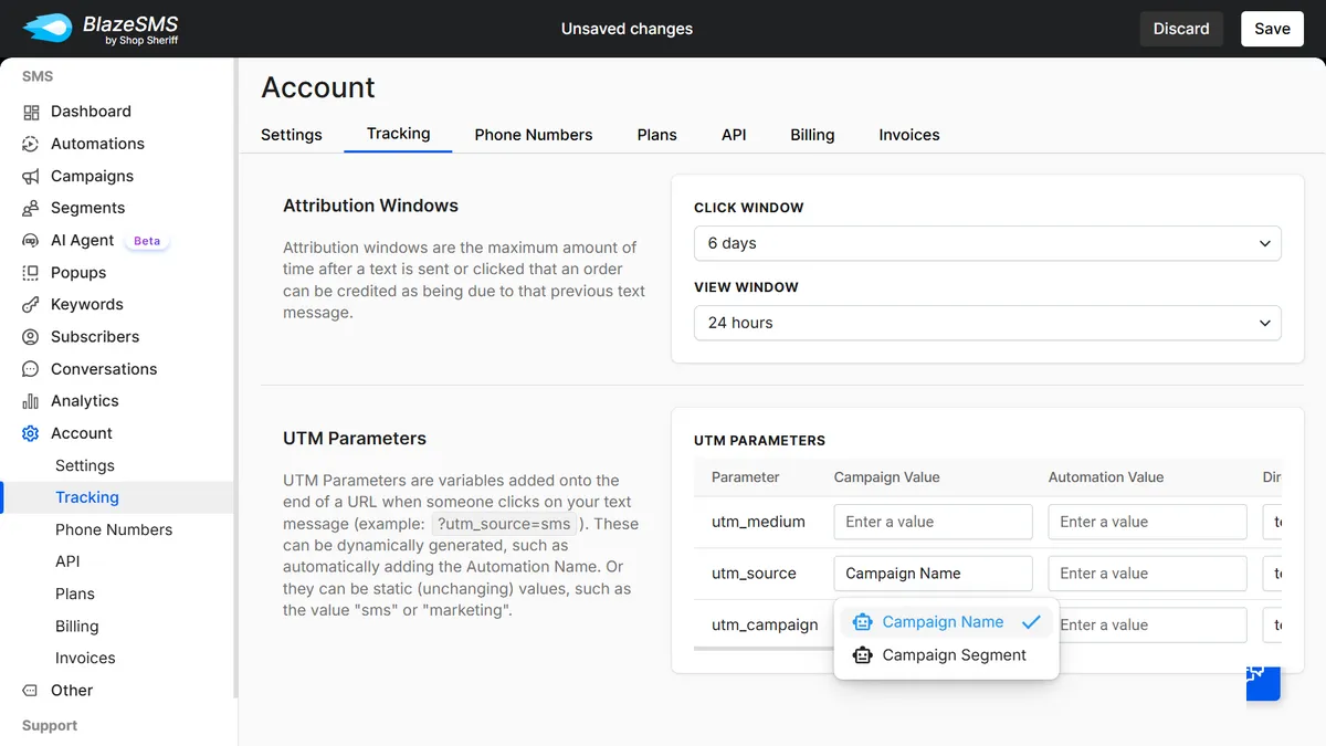 Account tracking settings screen showing Attribution Windows and UTM Parameters sections. "Click Window" and "View Window" options are visible. UTM Parameters list includes "utm_medium", "utm_source" with "Campaign Name" selected and dropdown options like "Campaign Name" and "Campaign Segment".