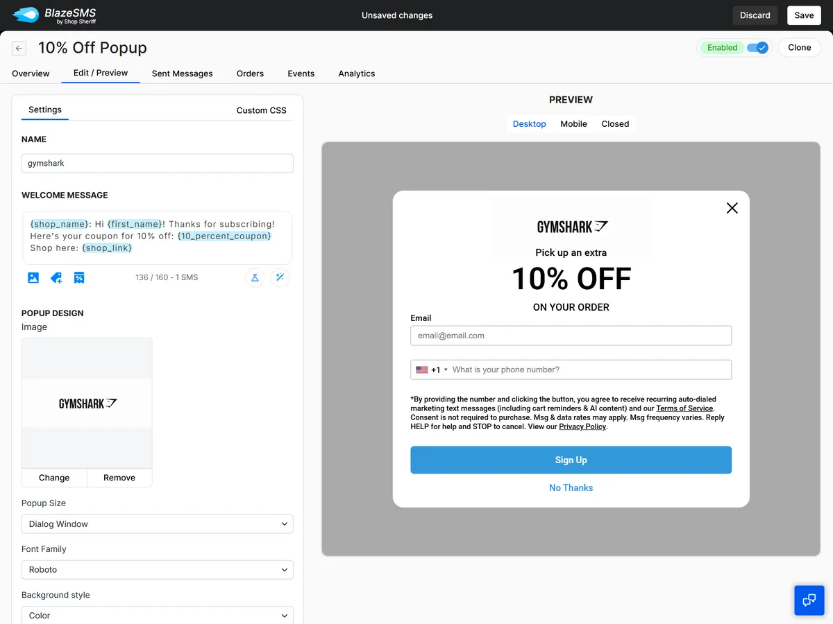 Blaze SMS popup settings panel displaying a preview for "10% Off Popup". Fields include "Welcome Message" with merge tags and "Popup Design" options. Preview shows a discount offer with fields for email and phone number, plus a "Sign Up" button.